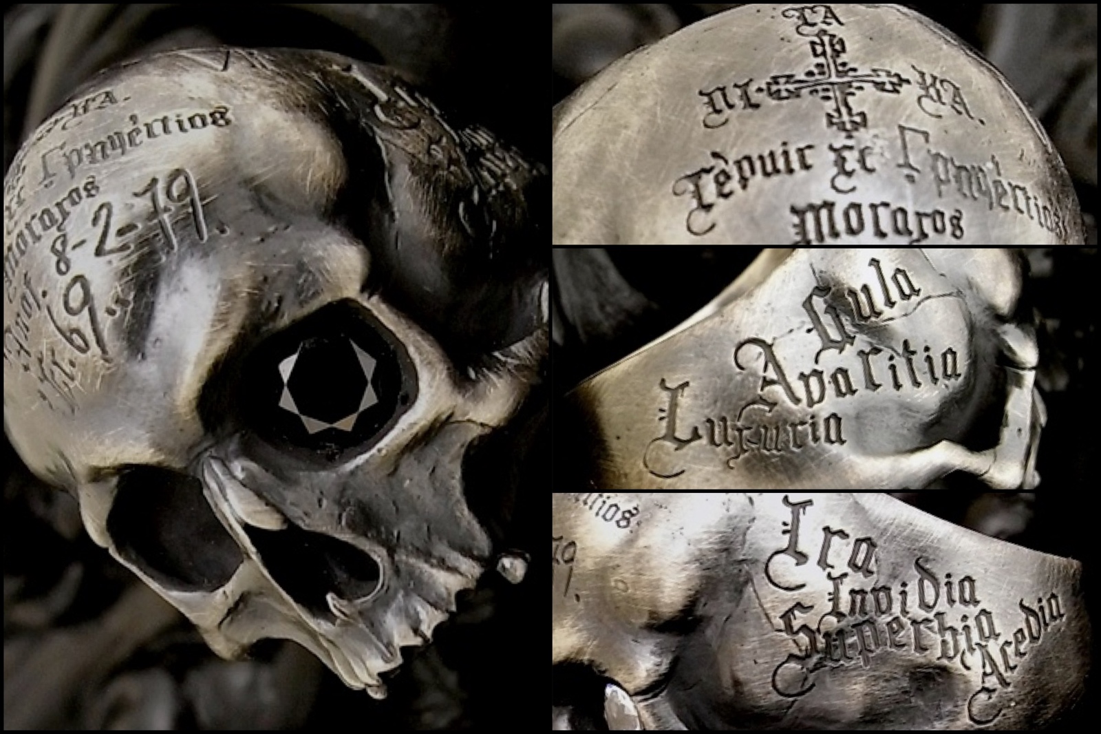 ブラックストーンとラテン語の文字彫刻【Mement Skull Ring】